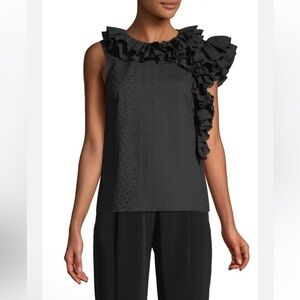 CO Black Sleeveless Embroidered Cotton Voile Top w/ Ruffle Detail Size M